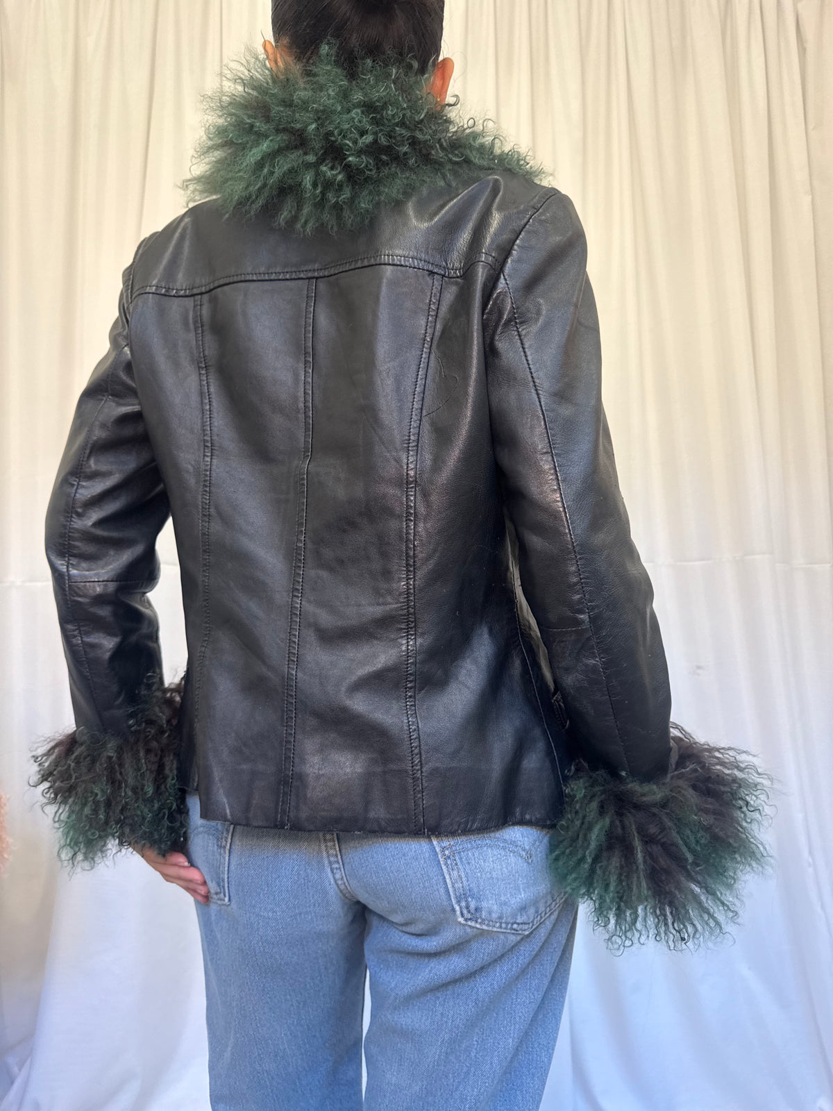 Black Leather Jacket with Ombre Dark Green