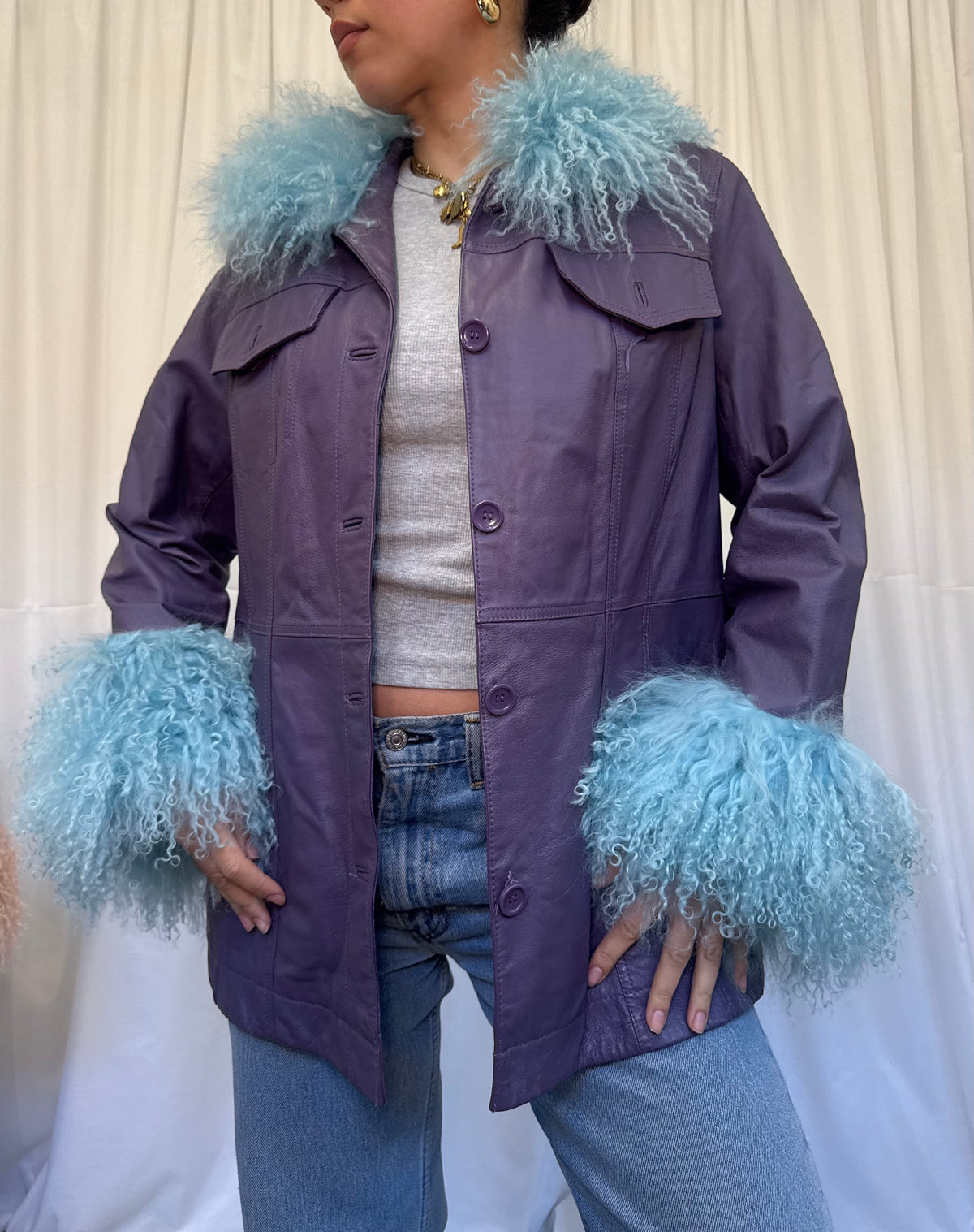 Purple Leather Jacket with Blue