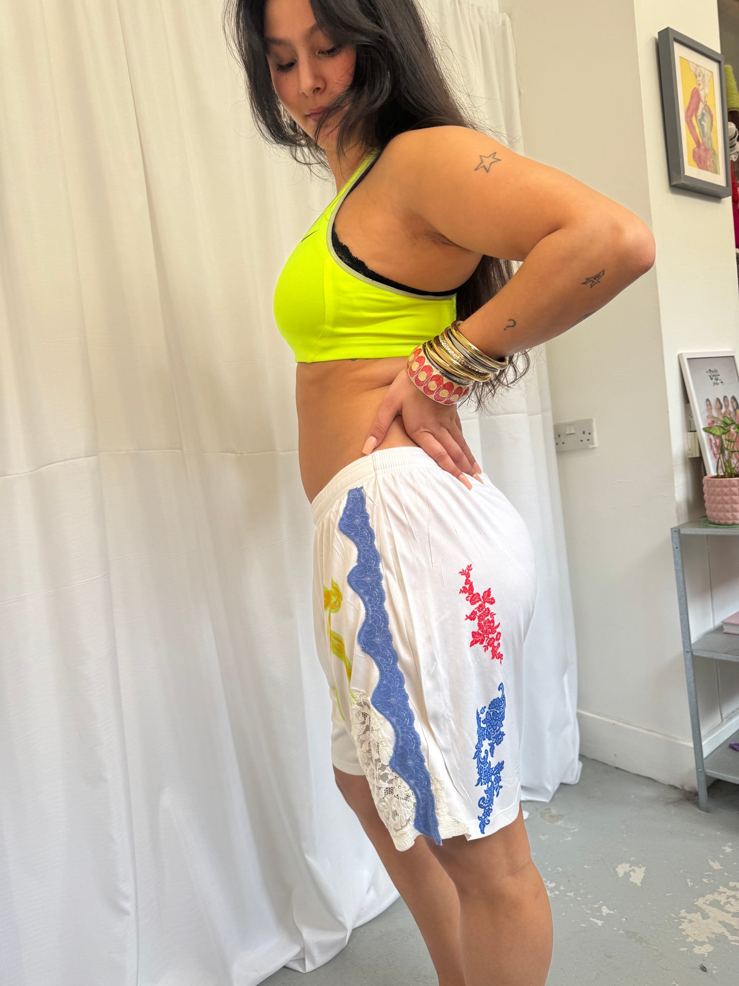 White Shorts with Blue Lace
