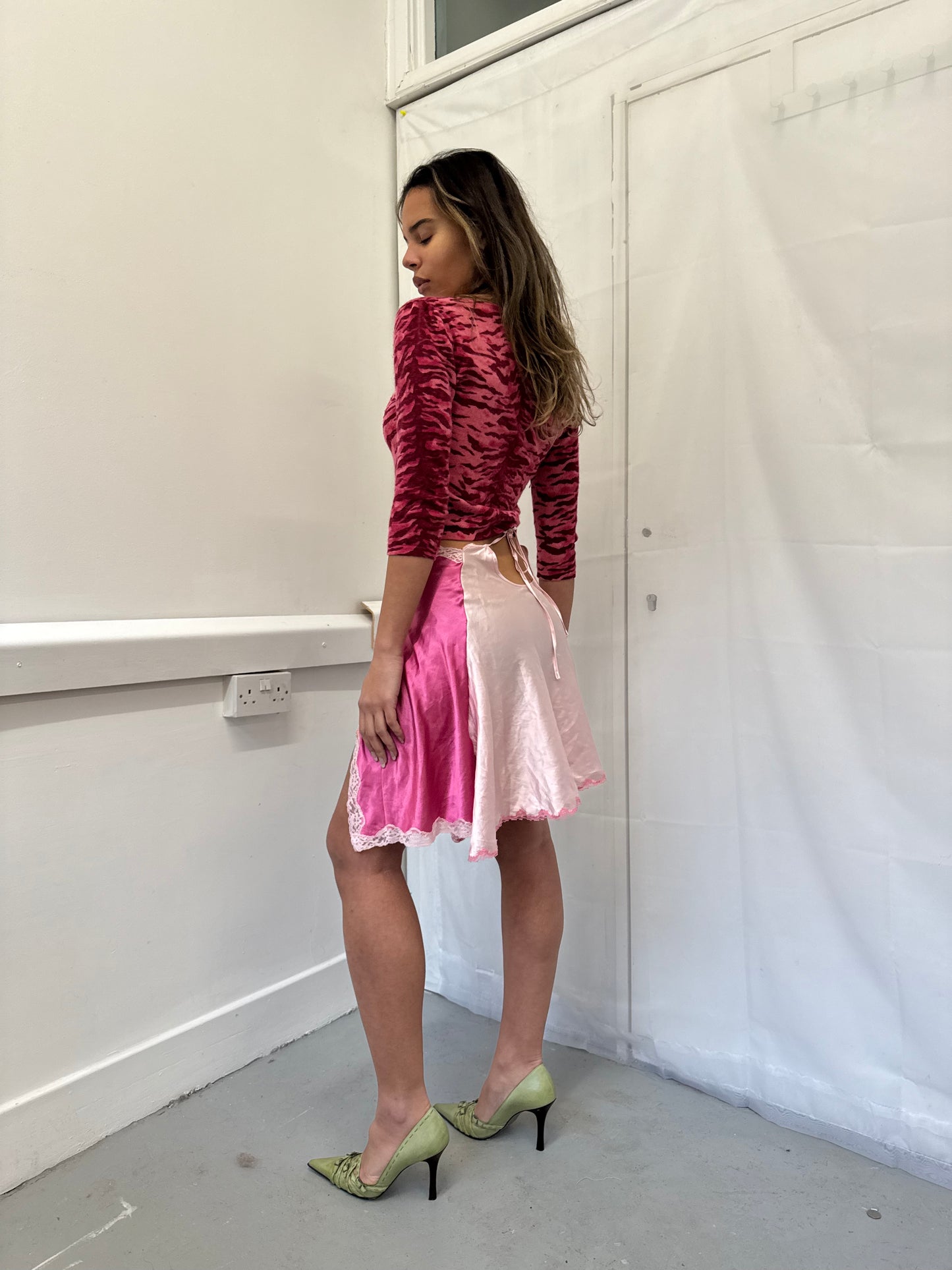 Upcycled pink lace skirt