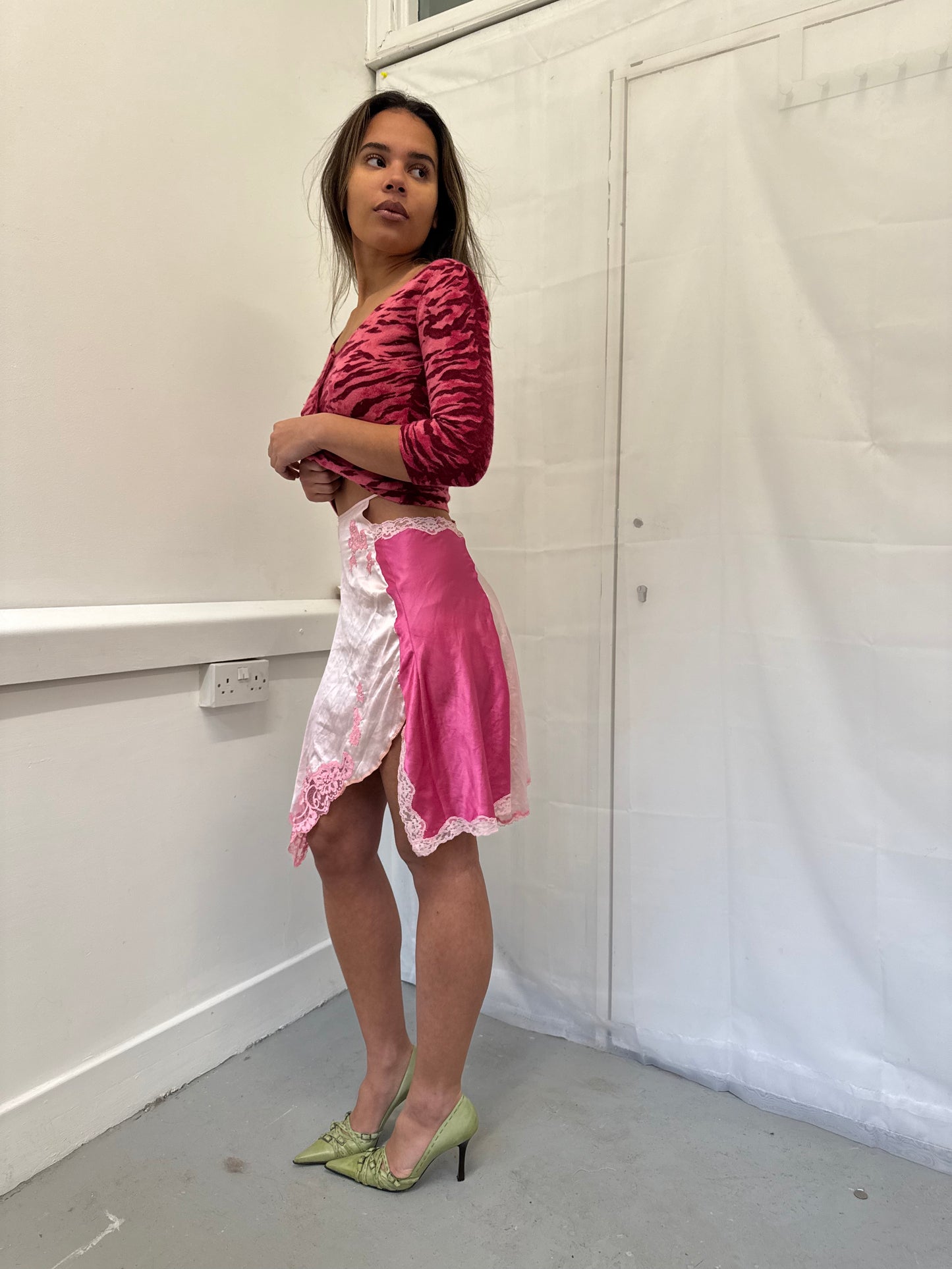 Upcycled pink lace skirt