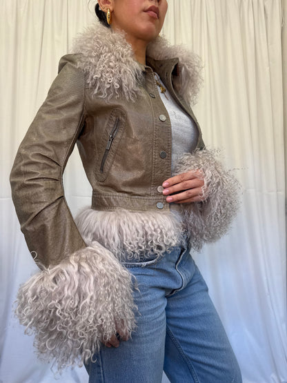 Khaki Green Leather Jacket with Grey