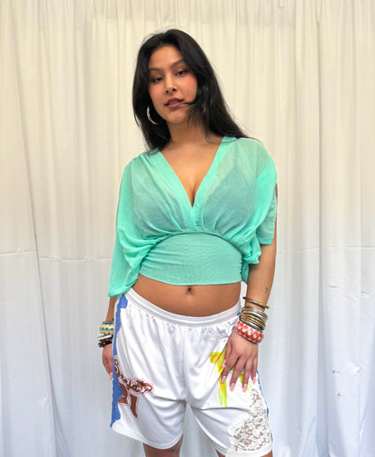 Sea-foam Turquoise Mesh Drape Top