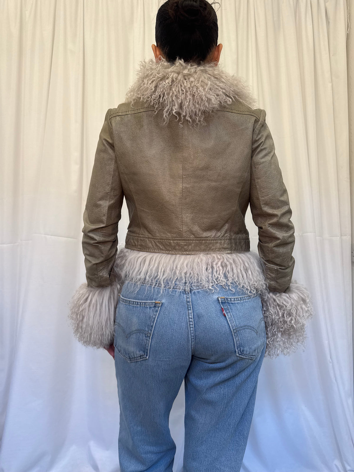 Khaki Green Leather Jacket with Grey