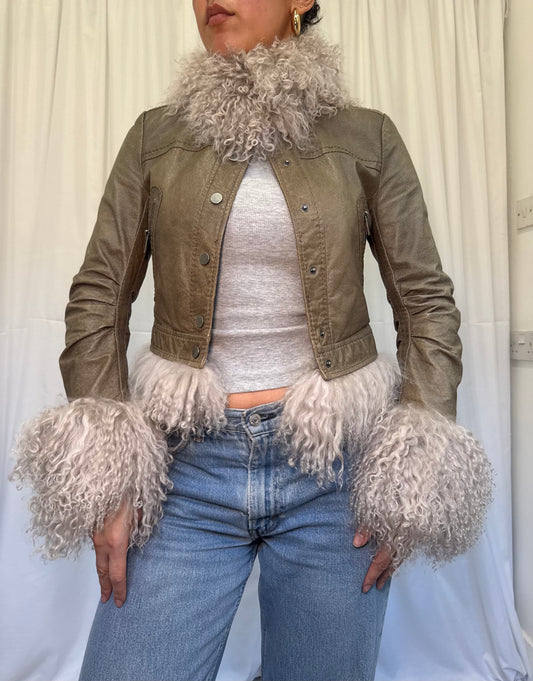 Khaki Green Leather Jacket with Grey