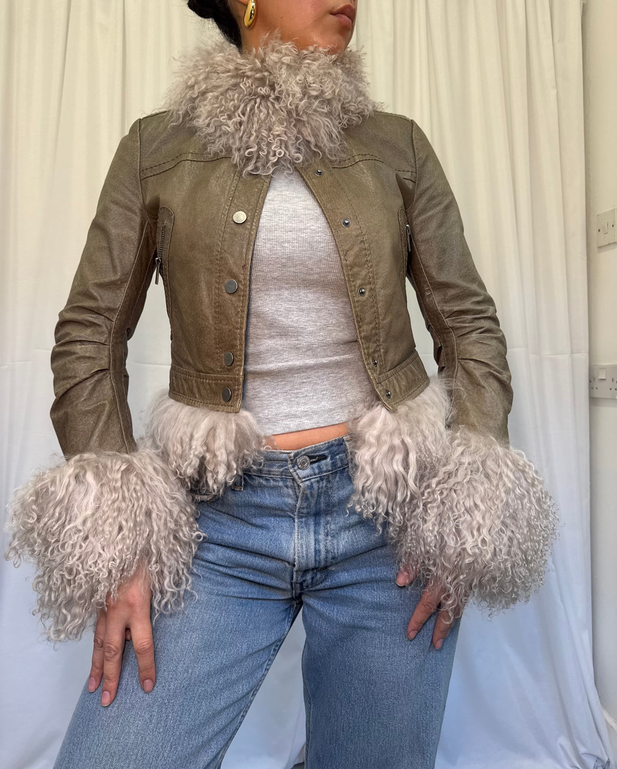 Khaki Green Leather Jacket with Grey