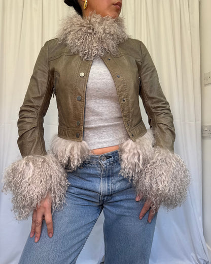 Khaki Green Leather Jacket with Grey