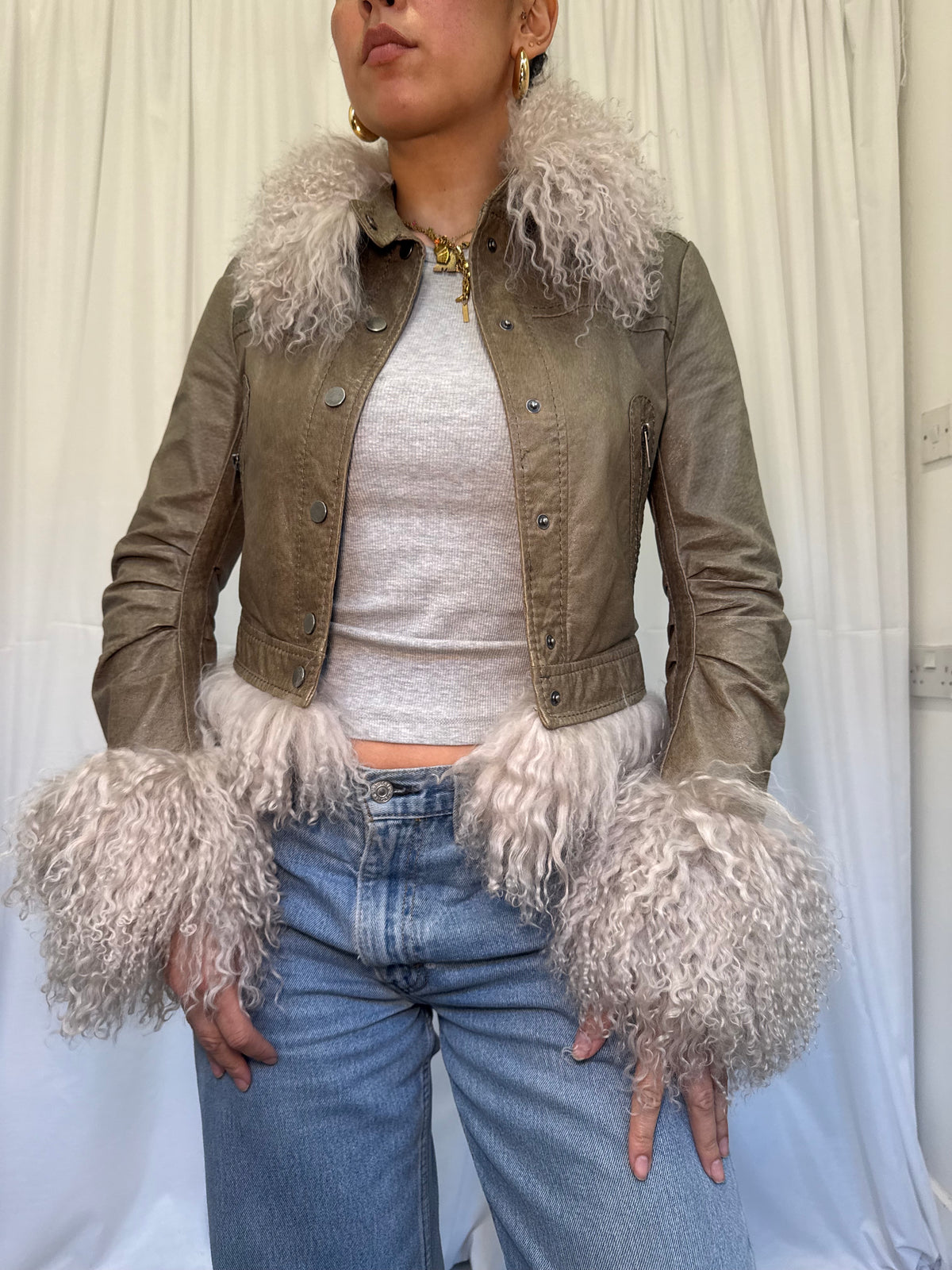 Khaki Green Leather Jacket with Grey