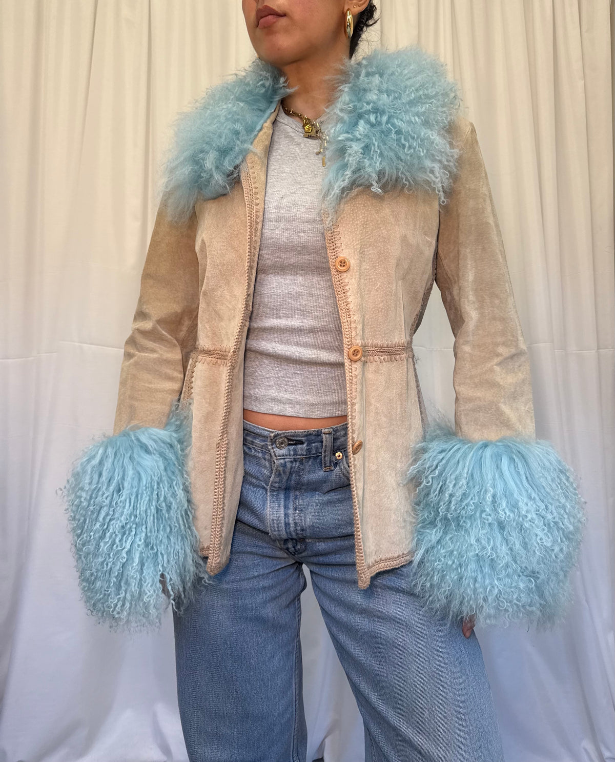 Sand Suede Jacket with Light Blue