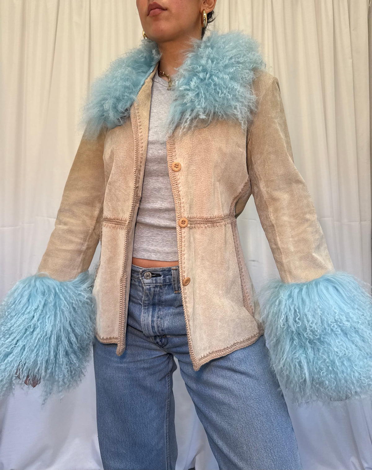 Sand Suede Jacket with Light Blue