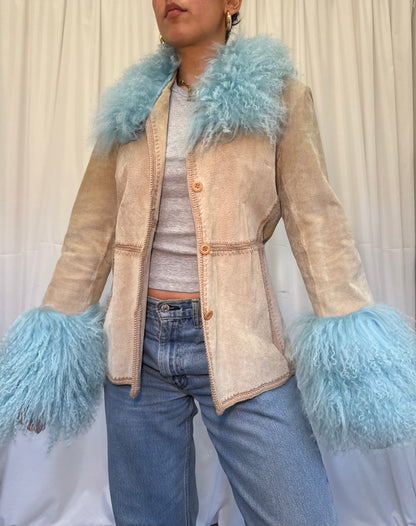 Sand Suede Jacket with Light Blue