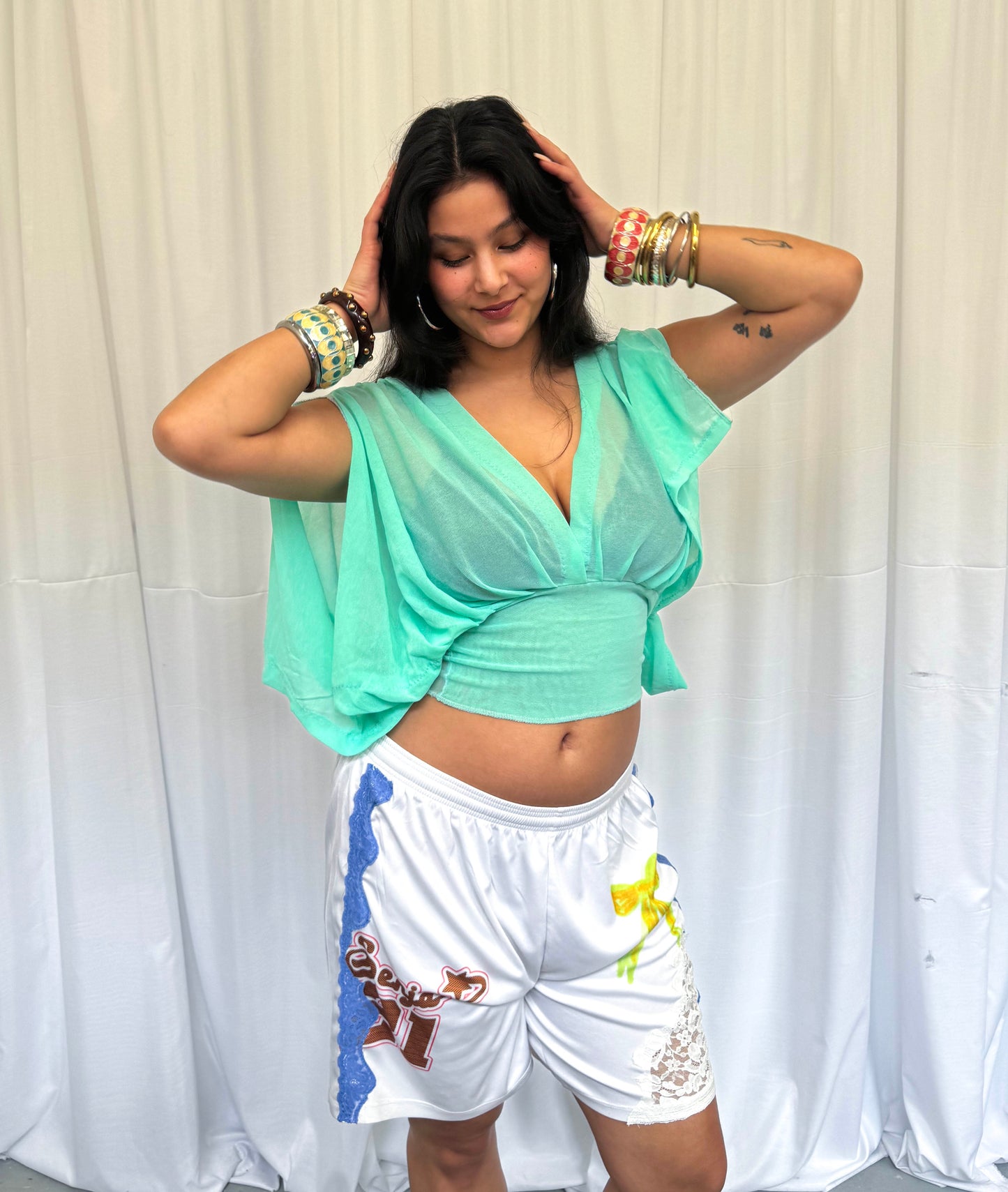 Sea-foam Turquoise Mesh Drape Top