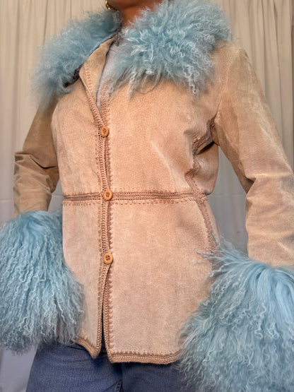 Sand Suede Jacket with Light Blue