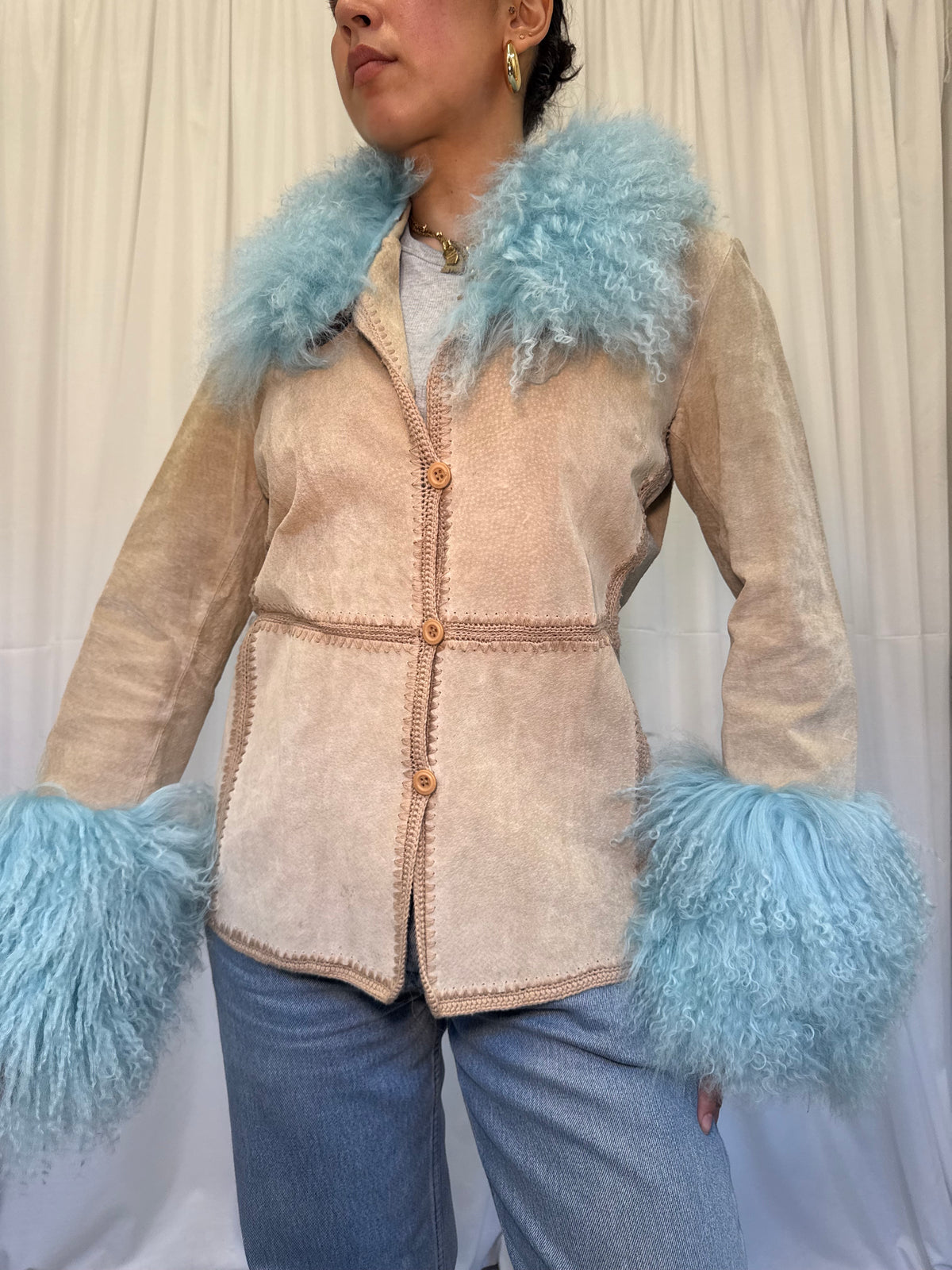 Sand Suede Jacket with Light Blue