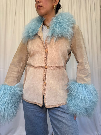 Sand Suede Jacket with Light Blue