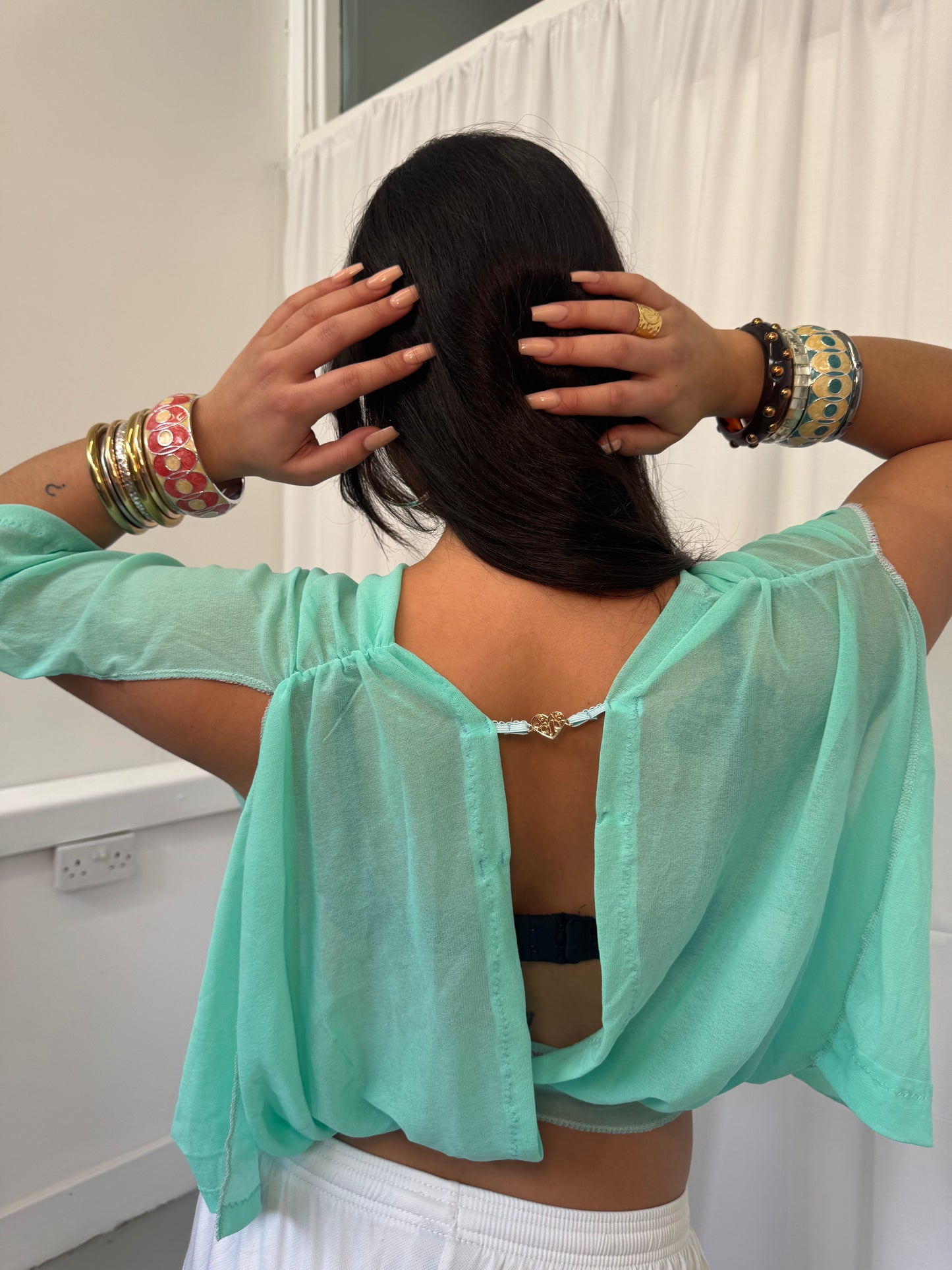 Sea-foam Turquoise Mesh Drape Top