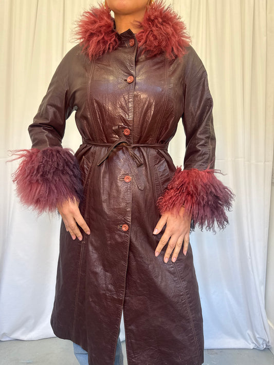Burgundy Leather Coat with Ombre