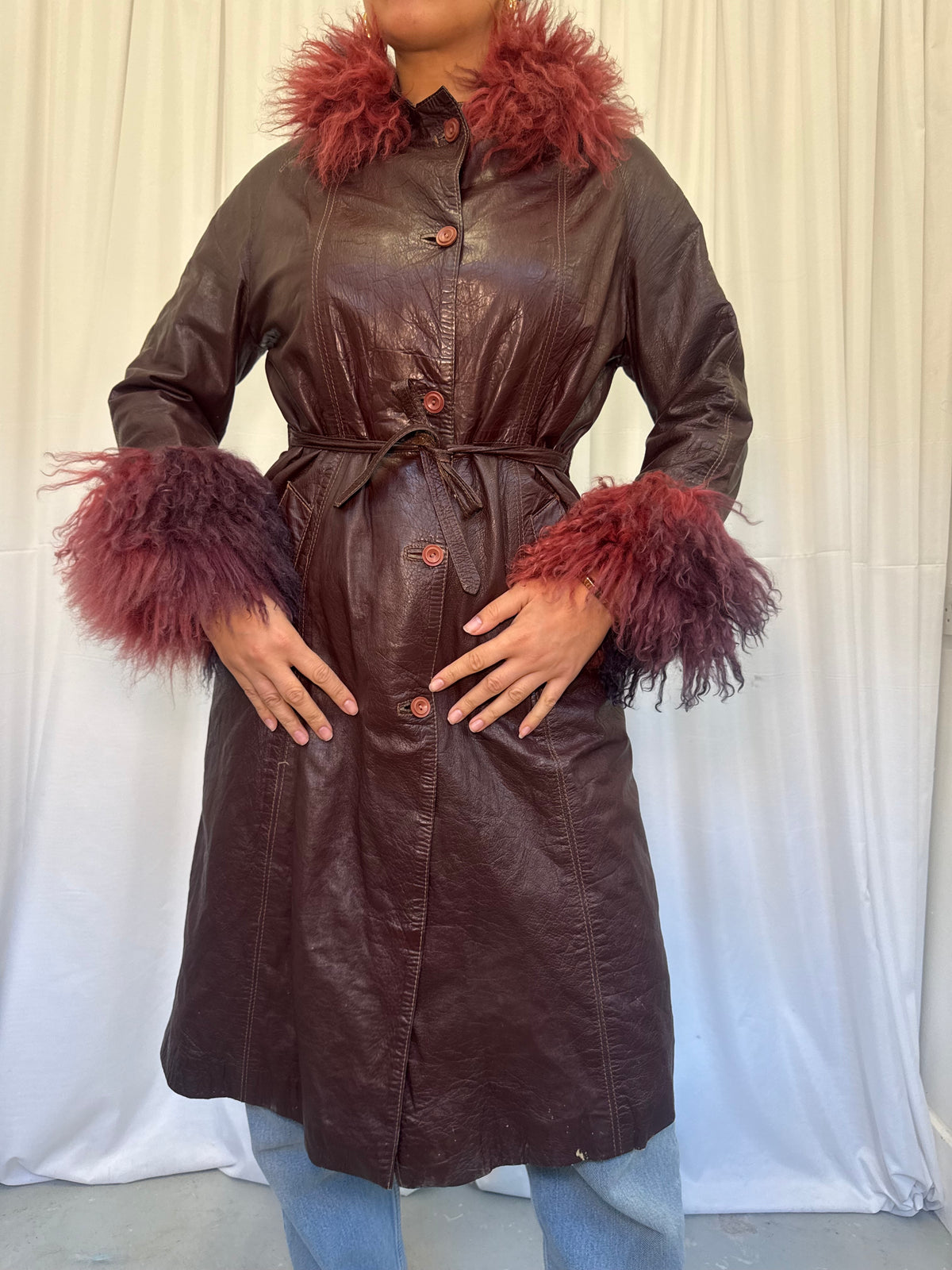 Burgundy Leather Coat with Ombre