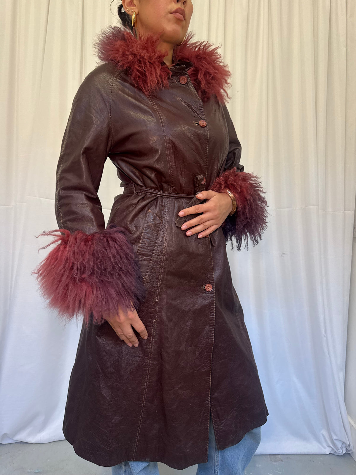 Burgundy Leather Coat with Ombre