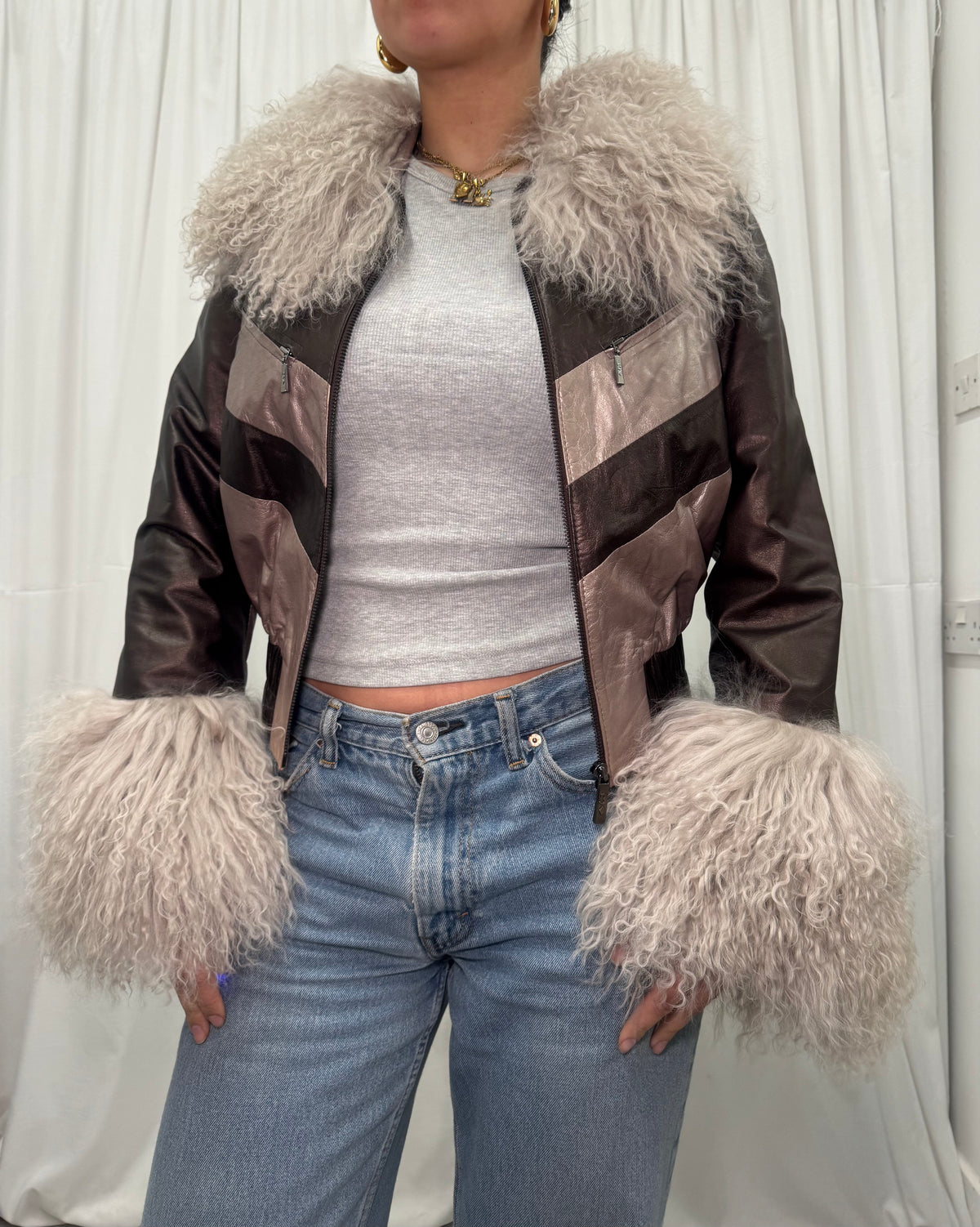 Grey + Brown Metallic Leather Bomber Jacket