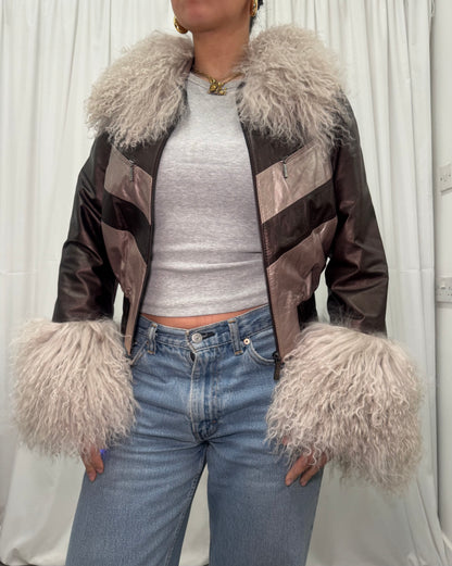 Grey + Brown Metallic Leather Bomber Jacket