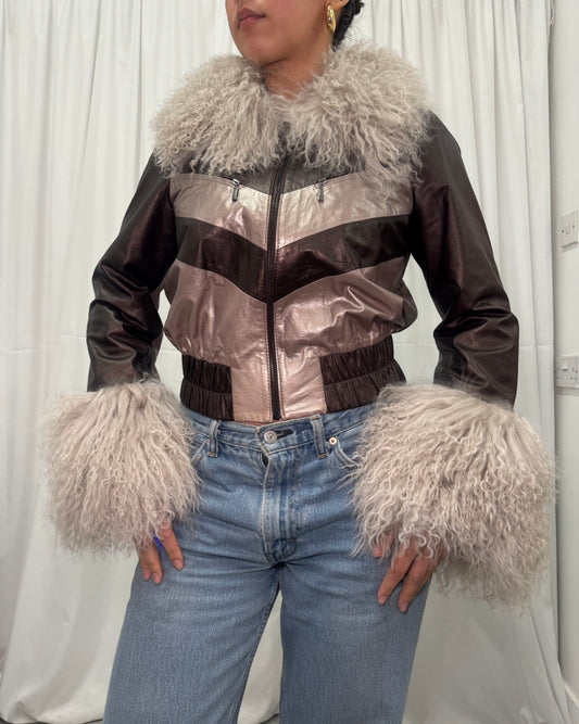 Grey + Brown Metallic Leather Bomber Jacket