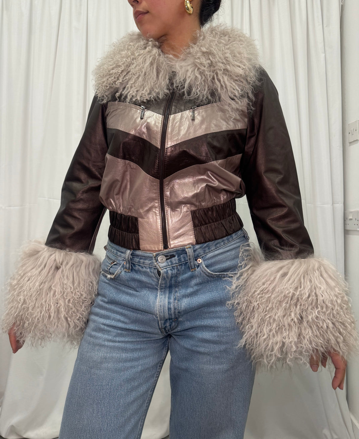 Grey + Brown Metallic Leather Bomber Jacket