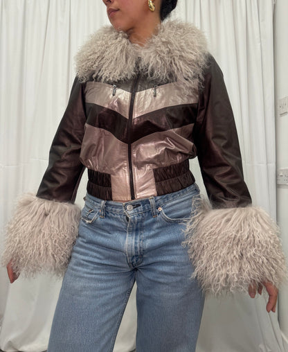 Grey + Brown Metallic Leather Bomber Jacket