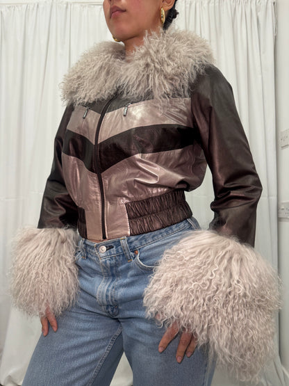 Grey + Brown Metallic Leather Bomber Jacket