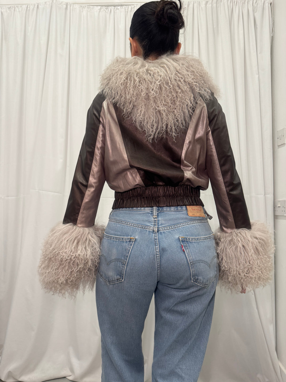 Grey + Brown Metallic Leather Bomber Jacket
