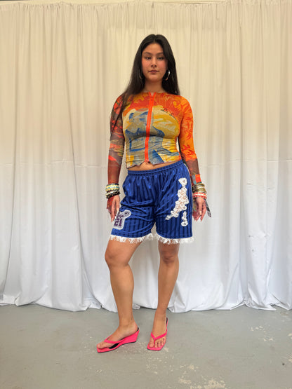 Blue Shorts with White Lace Trim