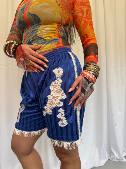 Blue Shorts with White Lace Trim