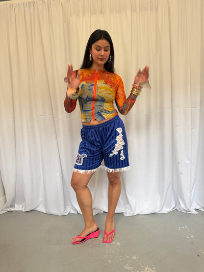 Blue Shorts with White Lace Trim