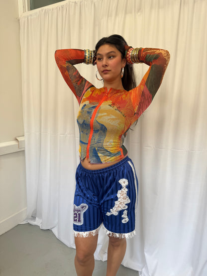 Blue Shorts with White Lace Trim