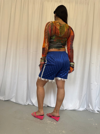 Blue Shorts with White Lace Trim