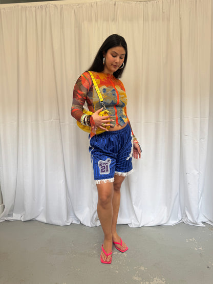 Blue Shorts with White Lace Trim