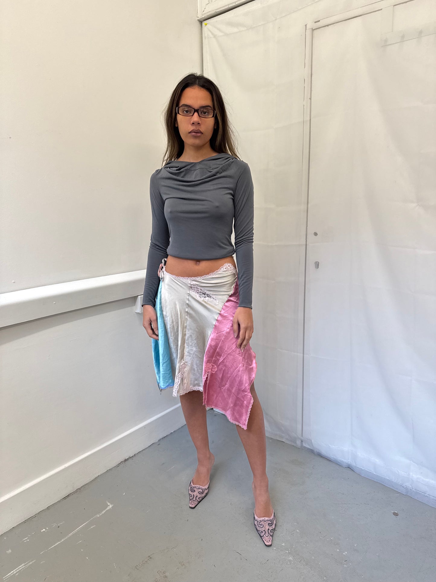 Upcycled blue and grey slip skirt 1