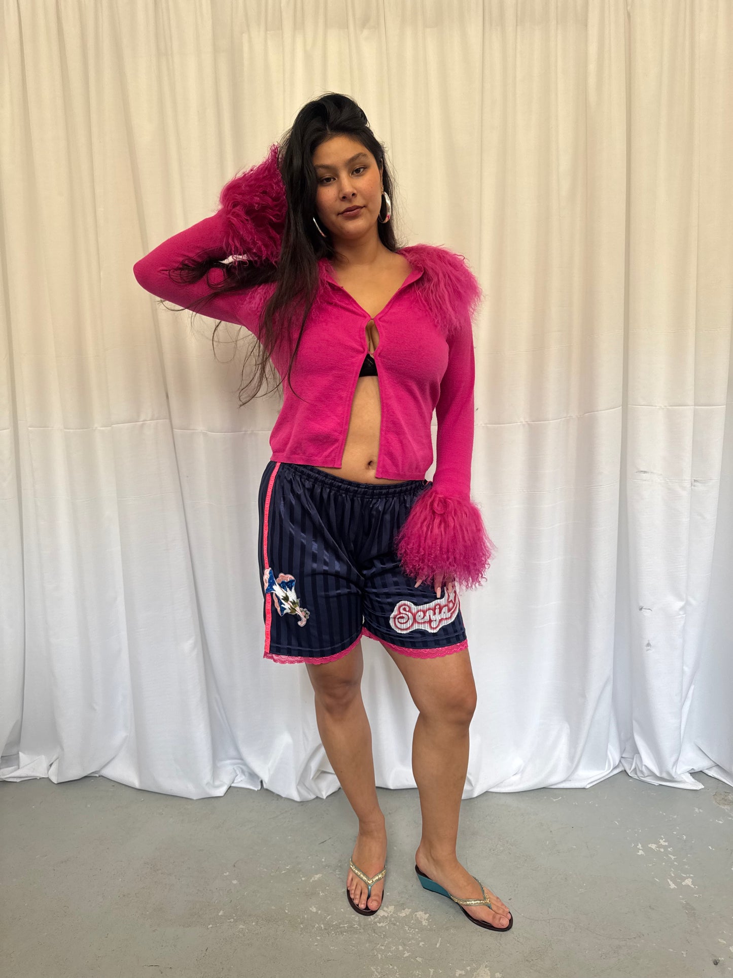 Navy Blue Shorts with Pink Lace Trim
