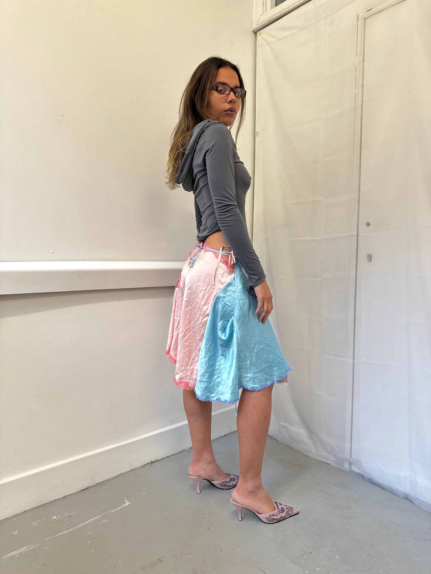Upcycled blue and grey slip skirt 1