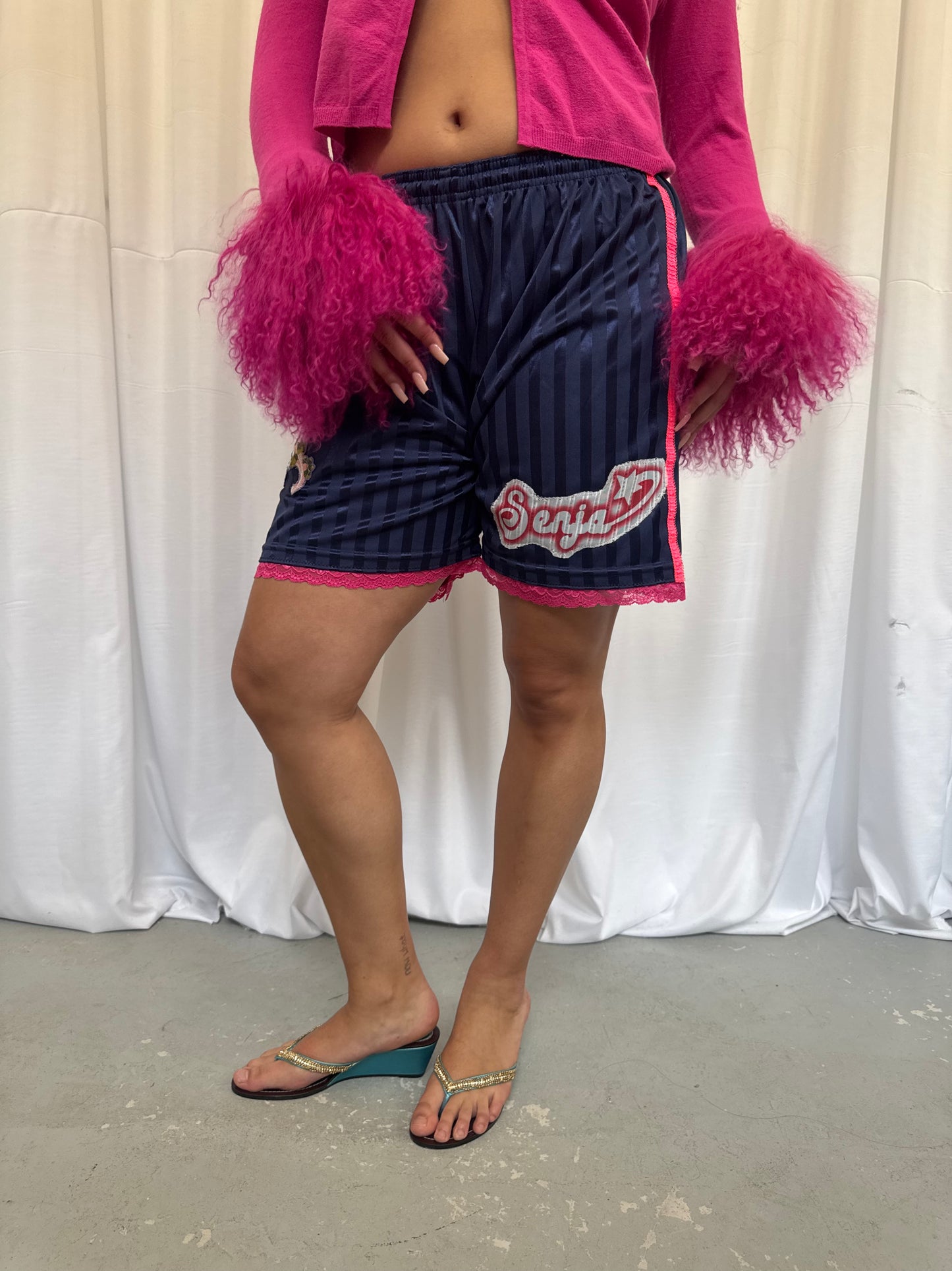 Navy Blue Shorts with Pink Lace Trim