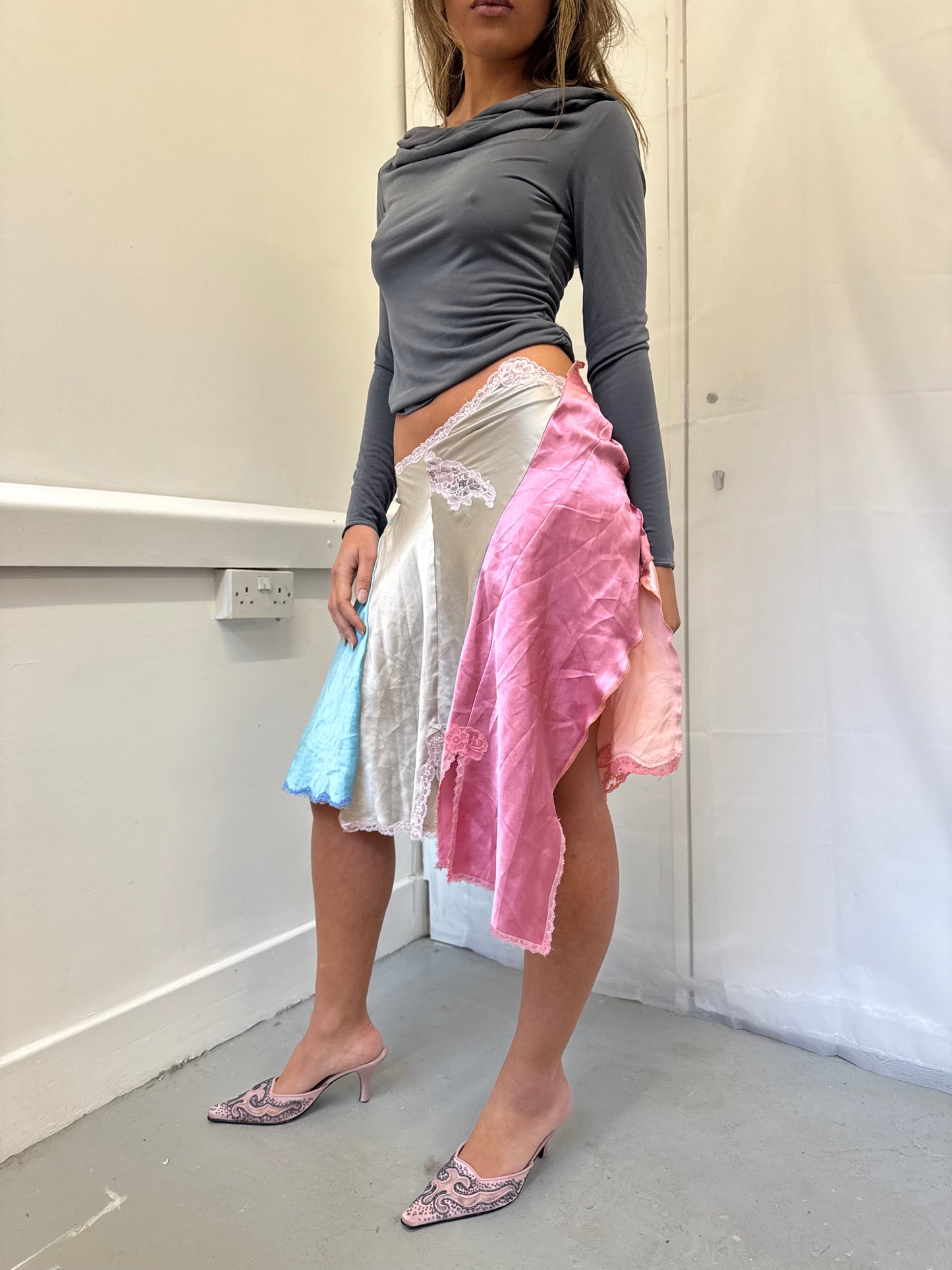 Upcycled blue and grey slip skirt 1