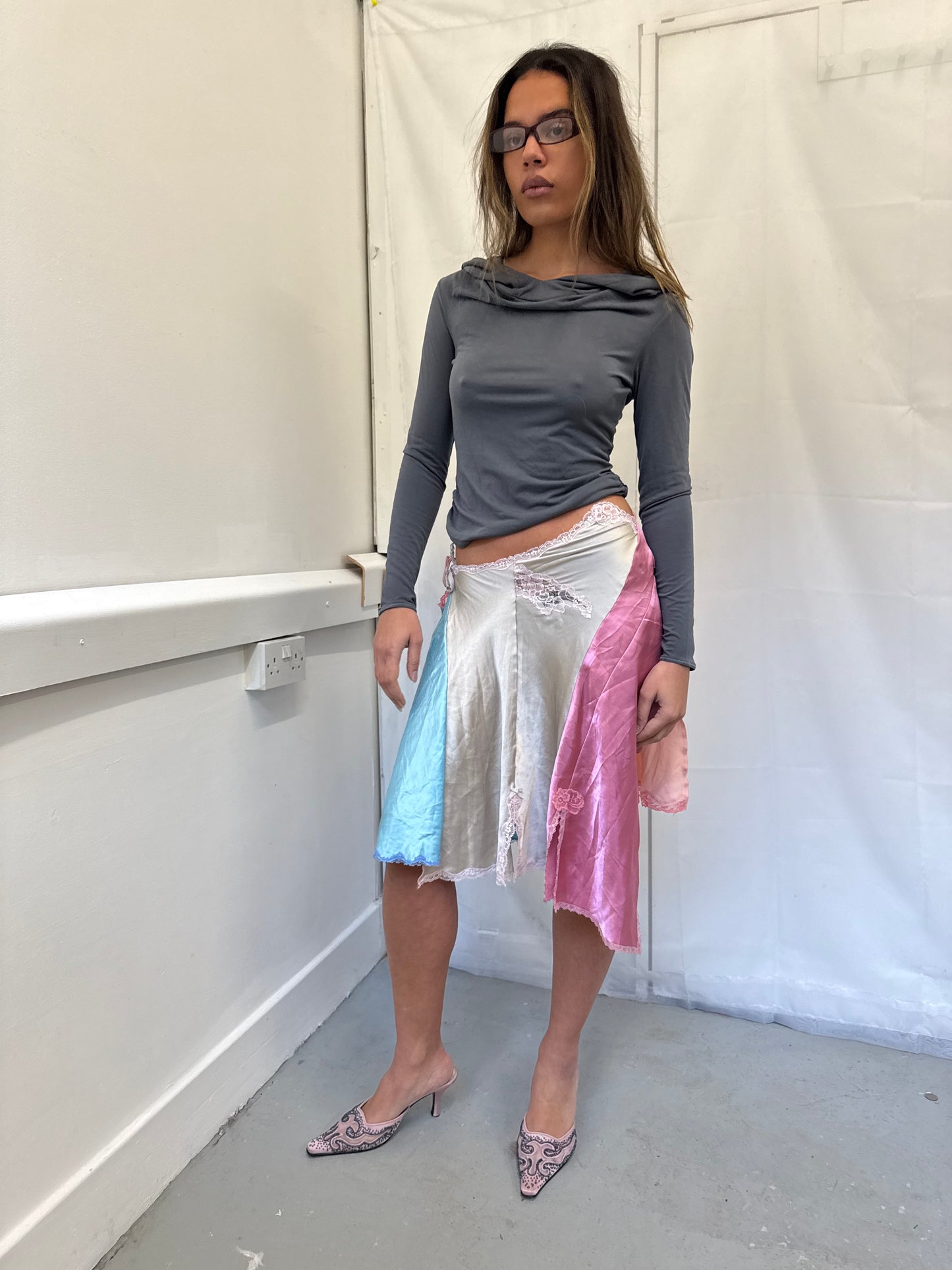 Upcycled blue and grey slip skirt 1
