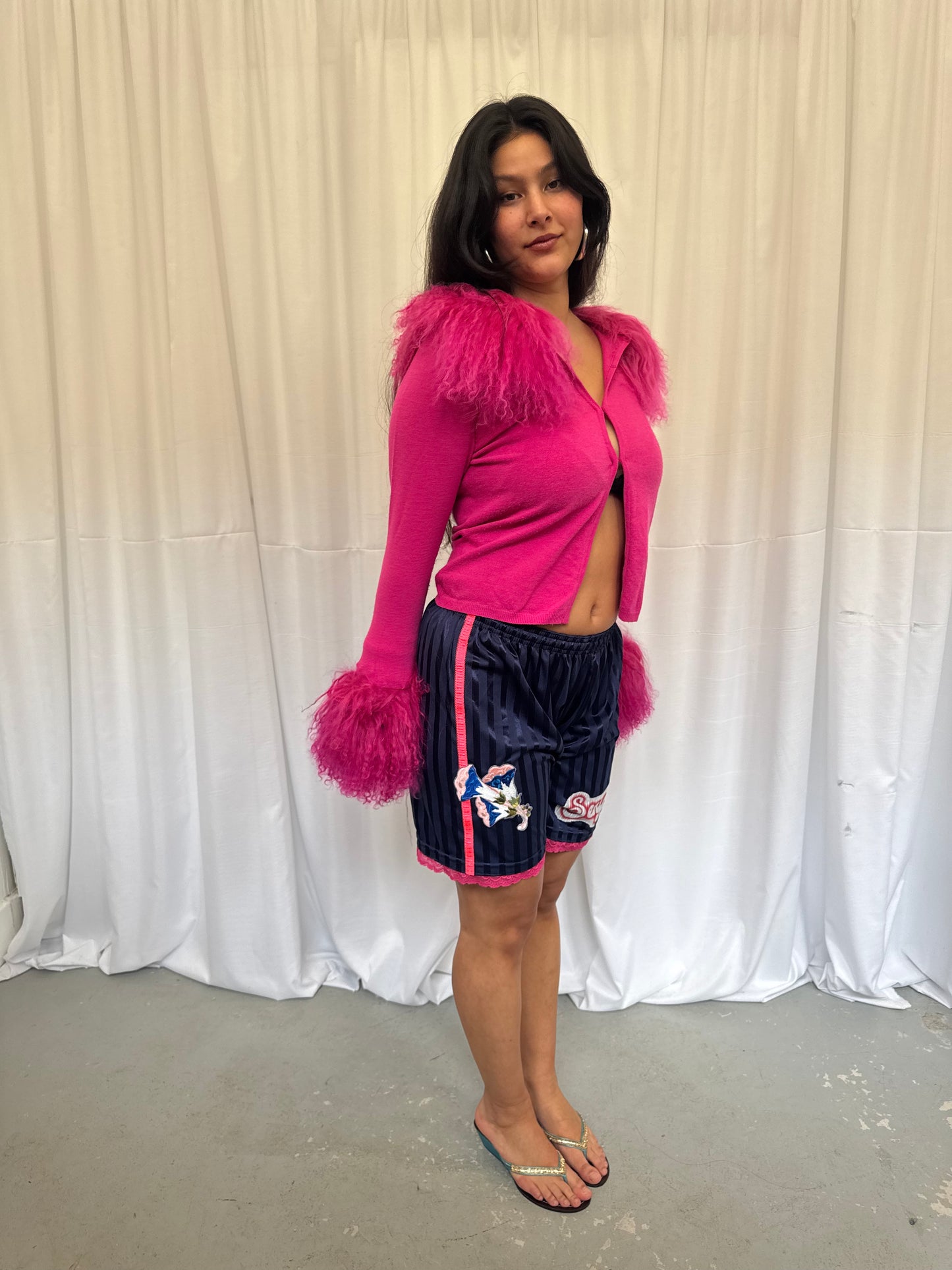 Navy Blue Shorts with Pink Lace Trim