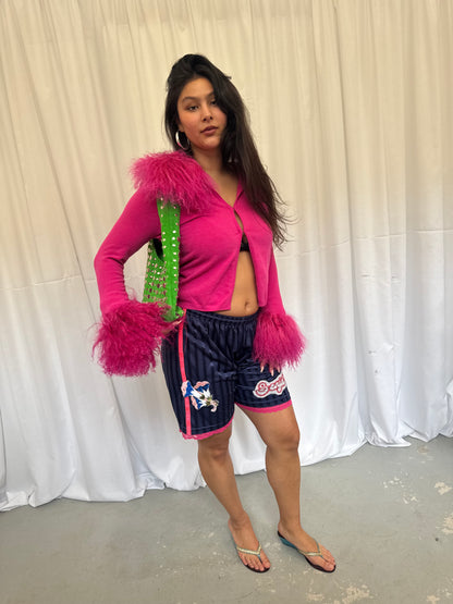 Navy Blue Shorts with Pink Lace Trim