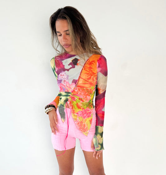Patchwork Mesh Ruche Top - Small