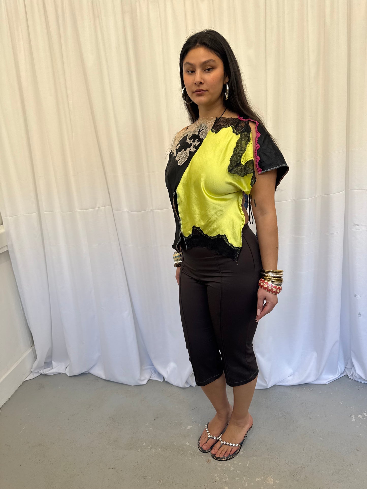 Upcycled Lime Green and Black Lace Top