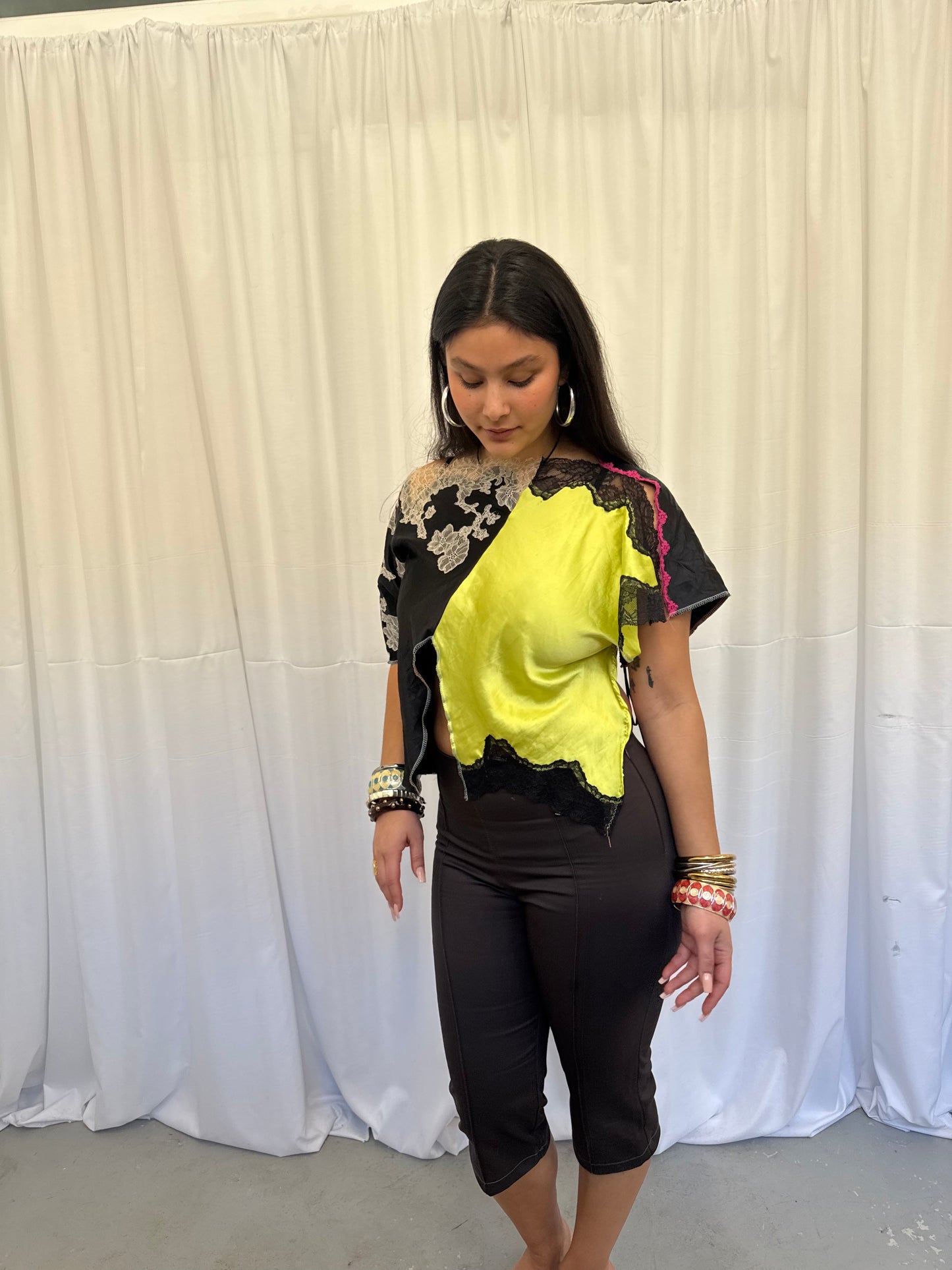 Upcycled Lime Green and Black Lace Top
