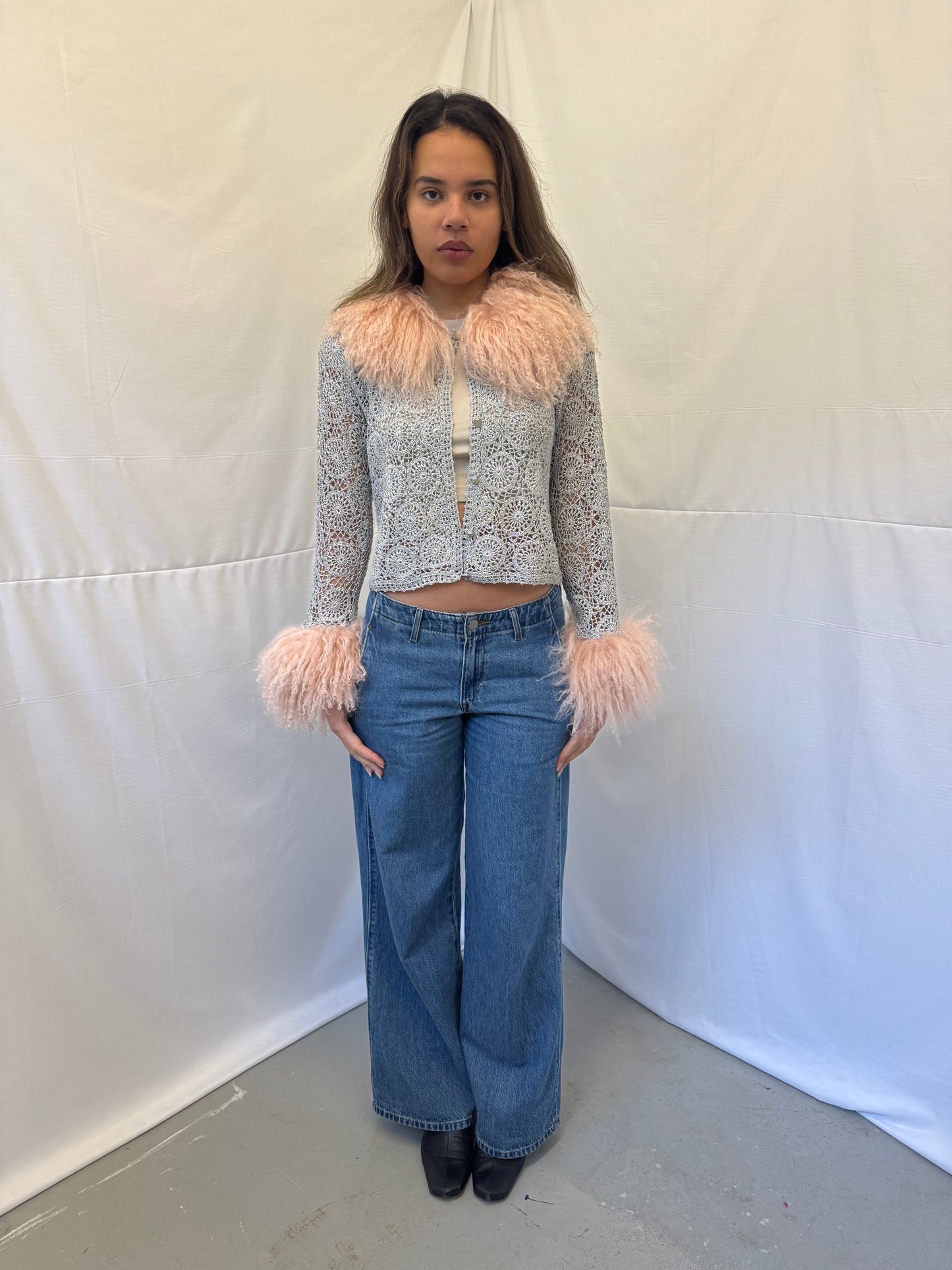 Silver Crochet Cardigan with Pink Mongolian Wool Trims