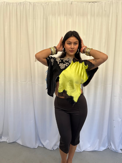 Upcycled Lime Green and Black Lace Top