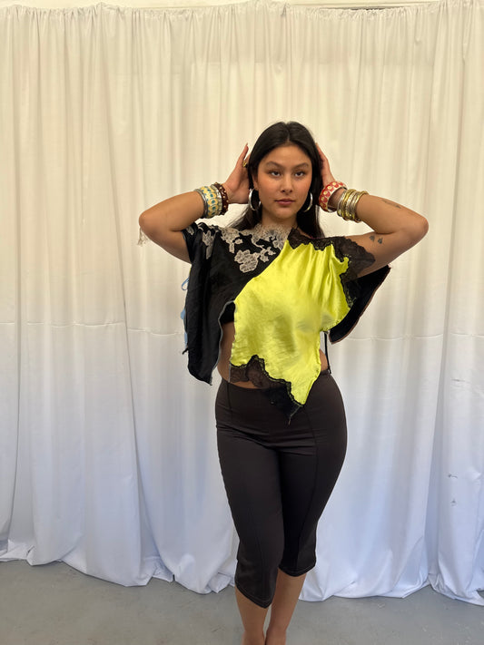 Upcycled Lime Green and Black Lace Top